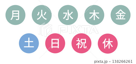 曜日のイラストマークのセット　丸に白文字、背景透過 138266261