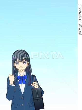 さわやかな青空、スクールバッグを持つ女子高校生または中学生のアニメ風イラスト さわやかな青空、スクールバッグを持つ女子高校生または中学生のアニメ風イラスト 138266460