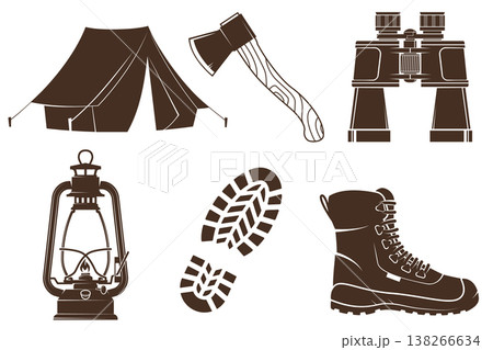 Camping gear icons set, flat vector collection with tent, lantern, axe, boots and outdoor equipment Camping gear icons set, flat vector collection with tent, lantern, axe, boots and outdoor equipment 138266634