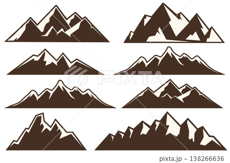 Mountain icons set, flat vector collection of landscape, peaks and mountain silhouettes 138266636