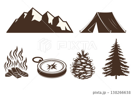 Outdoor icons set, flat vector collection with mountains, tent, campfire, compass and forest elements 138266638