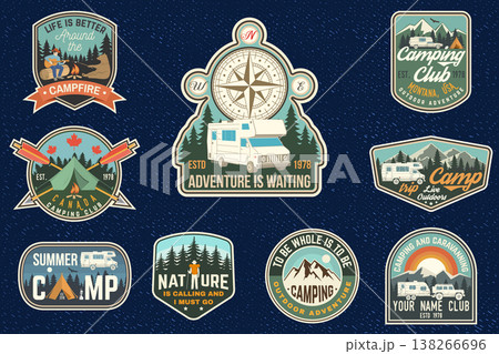 Adventure camping stickers set with compass and van, retro vintage outdoor travel decals for exploration and camping design. Vector 138266696
