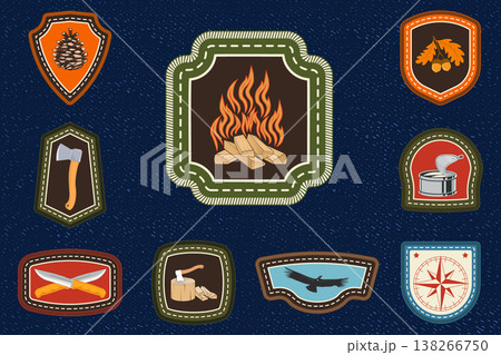 Camping badges set with campfire, retro vintage outdoor patches for camping, survival and adventure design. Vector Camping badges set with campfire, retro vintage outdoor patches for camping, survival and adventure design. Vector 138266750