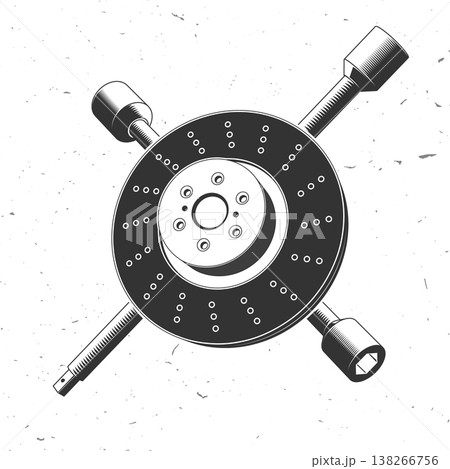 Brake disc with mechanic tools, retro vintage auto repair emblem in engraving style for car service logo, garage branding and workshop design. Vector 138266756