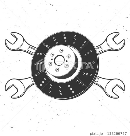 Brake disc with crossed wrenches, retro vintage auto repair emblem in engraving style for car service logo and garage branding. Vector 138266757