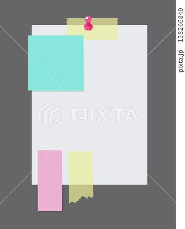 Paper notes stickers. Place for memo messages on paper sheets. Attached with sticky colorful tape on grey background isolated vector illustration Paper notes stickers. Place for memo messages on paper sheets. Attached with sticky colorful tape on grey background isolated vector illustration 138266849