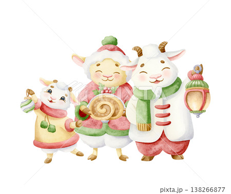 Watercolor cartoon lamb and goat family on Christmas party hand drawn illustration. Cute animals in winter clothes with sweet cake, lantern and bauble clip art. Adorable smiling fairytale characters Watercolor cartoon lamb and goat family on Christmas party hand drawn illustration. Cute animals in winter clothes with sweet cake, lantern and bauble clip art. Adorable smiling fairytale characters 138266877