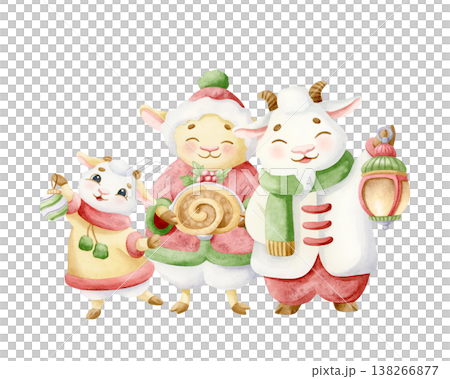 Watercolor cartoon lamb and goat family on Christmas party hand drawn illustration. Cute animals in winter clothes with sweet cake, lantern and bauble clip art. Adorable smiling fairytale characters Watercolor cartoon lamb and goat family on Christmas party hand drawn illustration. Cute animals in winter clothes with sweet cake, lantern and bauble clip art. Adorable smiling fairytale characters 138266877