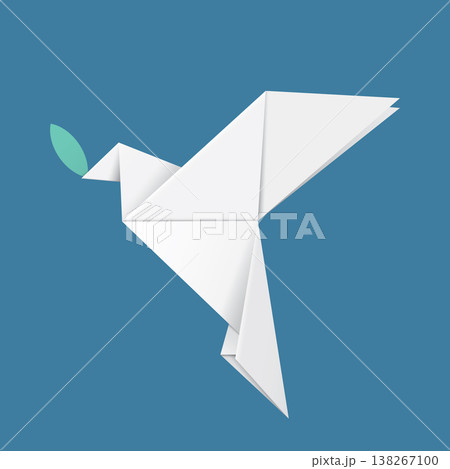 3D white origami peace dove with olive leaf isolated on blue square background 3D white origami peace dove with olive leaf isolated on blue square background 138267100