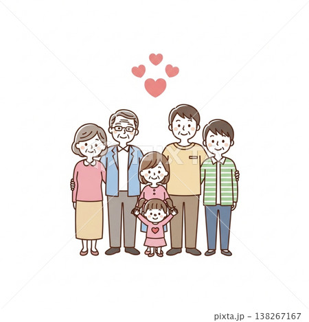 笑顔の三世代家族イラスト　仲良く寄り添うファミリー　家族愛と安心のイメージ素材 138267167