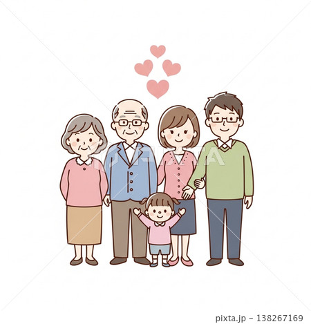 笑顔の三世代家族イラスト　仲良く寄り添うファミリー　家族愛と安心のイメージ素材 138267169