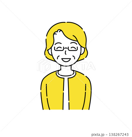眼鏡をかけて目も笑うシニア女性の笑顔 シンプルイラスト 黄色アクセント 眼鏡をかけて目も笑うシニア女性の笑顔 シンプルイラスト 黄色アクセント 138267243