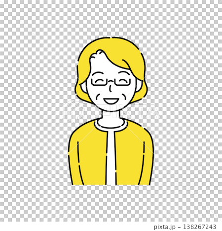 A simple illustration of a smiling senior woman wearing glasses, with her eyes also smiling. Yellow accents. A simple illustration of a smiling senior woman wearing glasses, with her eyes also smiling. Yellow accents. 138267243