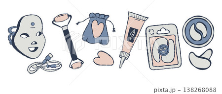 Modern Beauty Technology Gadgets and Skin Care Cosmetics Set. LED Face Mask, Face Roller, Gua Sha Stone, Cream Tube and Patches. Smart Skincare Routine. Isolated Color Hand Drawn. Vector Illustration 138268088