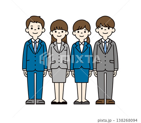 リクルートスーツを着て就職活動をする、複数の男女の大学生の全身ベクターイラスト素材セット 138268094
