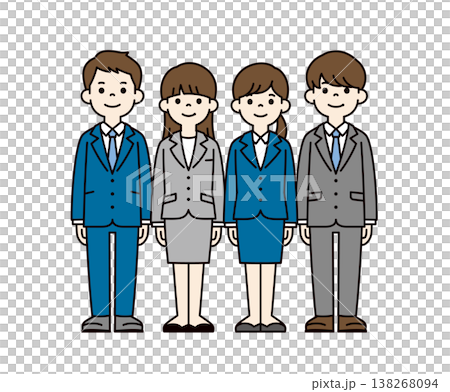 リクルートスーツを着て就職活動をする、複数の男女の大学生の全身ベクターイラスト素材セット 138268094