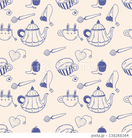 Tea accessories seamless pattern with teapot cup and filter sketch style Tea accessories seamless pattern with teapot cup and filter sketch style 138268164