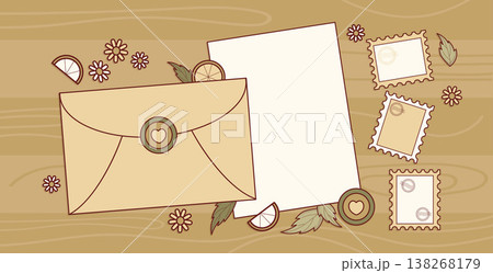 Snail Mail. Blank Stationery Set on Wood Background. Craft Envelope, Letter Paper, Postage Stamps Template, and Chamomile Flowers, Lemon Pieces and Dry Leaves. Vector Illustration Snail Mail. Blank Stationery Set on Wood Background. Craft Envelope, Letter Paper, Postage Stamps Template, and Chamomile Flowers, Lemon Pieces and Dry Leaves. Vector Illustration 138268179