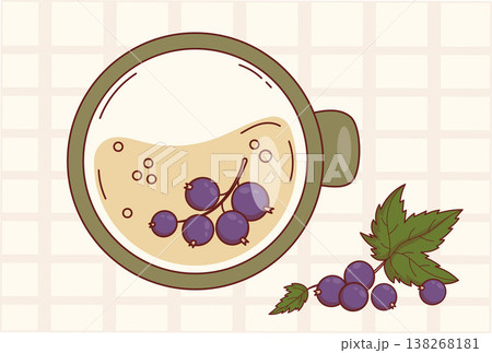 Blackcurrant Tea Cup Top View on Plaid Background. Eco Natural Herbal Beverage with Berries, Sprig and Leaves. Vector Illustration. 138268181