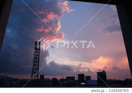 Dramatic Sunset Over City Skyline Towers 138268763
