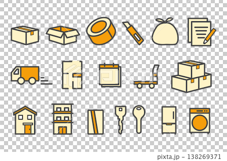 New life, moving, packing, real estate procedures - Line drawing icons, orange color, set of 18. New life, moving, packing, real estate procedures - Line drawing icons, orange color, set of 18. 138269371