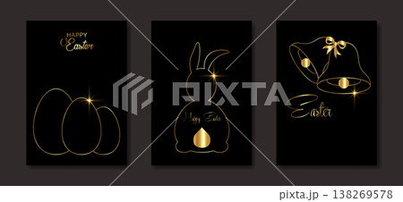 Easter set card of gold and black abstract texture. Happy Easter holiday invitations templates collection with golden bunny, bells, easter eggs. Vector fashion illustration, luxury black background 138269578