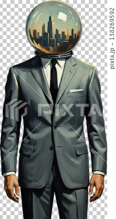 Abstract representation of an urban landscape unfolding in the head of a businessman. 138269592