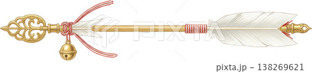 金色の装飾的な破魔矢と紅白の紐、鈴付き 138269621