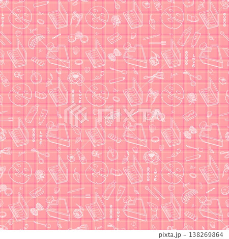 Seamless Beauty Cosmetics Pattern with Perfume and Makeup Line Art on Pink Plaid Background Seamless Beauty Cosmetics Pattern with Perfume and Makeup Line Art on Pink Plaid Background 138269864