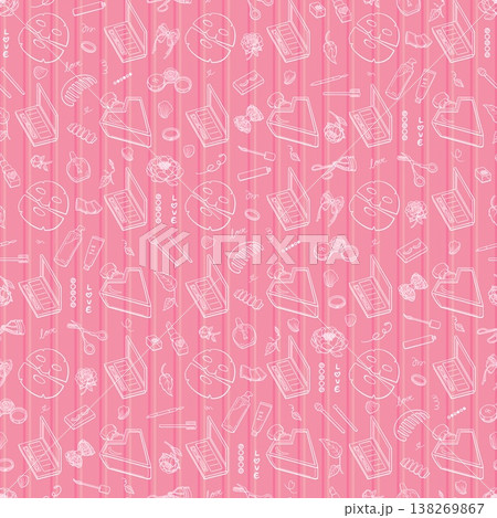 Seamless Beauty Cosmetics Pattern with Perfume and Makeup Line Art on Pink Striped Background Seamless Beauty Cosmetics Pattern with Perfume and Makeup Line Art on Pink Striped Background 138269867