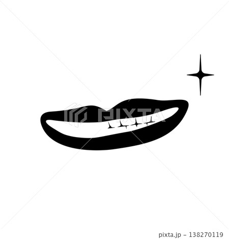 綺麗に整った白い歯を見せる白黒のイラスト。いたずらに笑う口元 綺麗に整った白い歯を見せる白黒のイラスト。いたずらに笑う口元 138270119