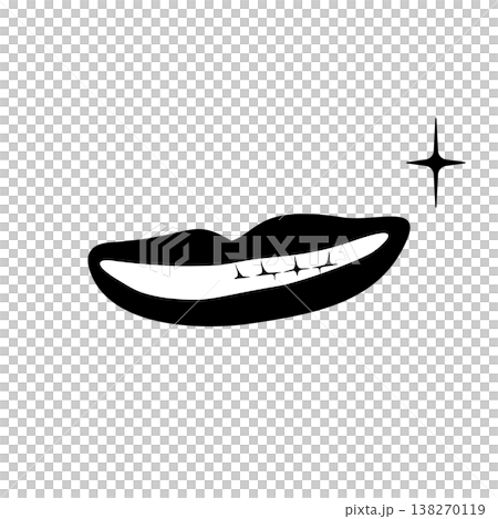 綺麗に整った白い歯を見せる白黒のイラスト。いたずらに笑う口元 綺麗に整った白い歯を見せる白黒のイラスト。いたずらに笑う口元 138270119