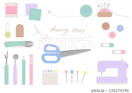 フラットでかわいい裁縫道具のイラストセット 138270140