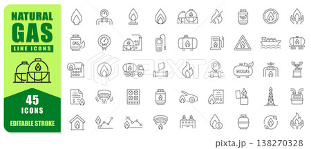 Natural Gas Line Icon Set Featuring Pipelines, Storage Tanks, Fuel Systems, And Energy Symbols. Clean Editable Stroke Design Perfect For Industry, Energy Projects, Web, Apps, And Infographics. Vector  138270328
