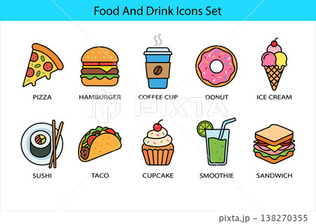Colorful food and drink icons set with pizza hamburger coffee cup donut ice cream sushi taco cupcake smoothie sandwich isolated on white background Colorful food and drink icons set with pizza hamburger coffee cup donut ice cream sushi taco cupcake smoothie sandwich isolated on white background 138270355