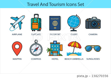 Colorful vector travel and tourism icons set for global vacation planning and adventure journey isolated on white background 138270356