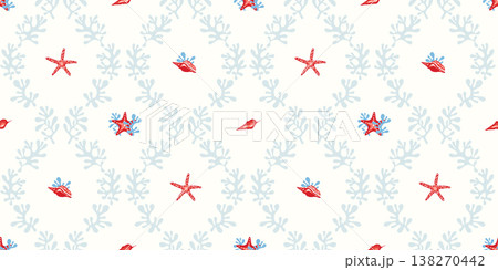 Coastal, beach, seaside home decor concept, marine life, nautical design seamless pattern. Red starfish, shell on white background with pale blue coral lattice motif. Summer texture for wallpaper, Coastal, beach, seaside home decor concept, marine life, nautical design seamless pattern. Red starfish, shell on white background with pale blue coral lattice motif. Summer texture for wallpaper, 138270442