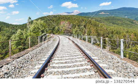 Railway tracks curving on bridge through mountain forest 138270544