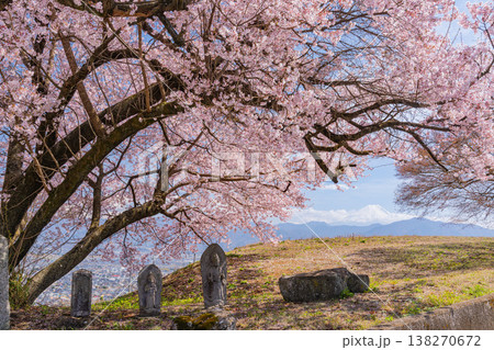 (山梨県)道祖神の桜が満開 山並みの向こうに富士山 (山梨県)道祖神の桜が満開 山並みの向こうに富士山 138270672