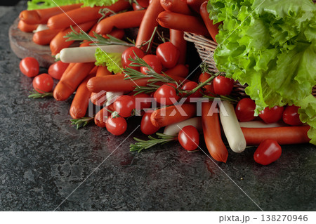 Various thin smoked sausages with salad, tomatoes, and rosemary. Various thin smoked sausages with salad, tomatoes, and rosemary. 138270946