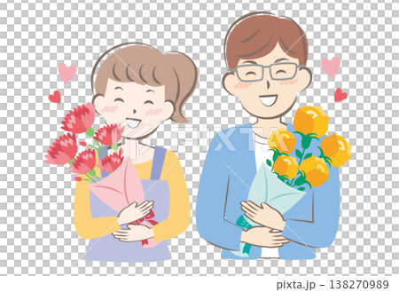 An illustration of a man and a woman receiving bouquets of flowers on Mother's Day and Father's Day. 138270989