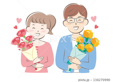 母の日と父の日に花束をもらった男性と女性のイラスト 138270990