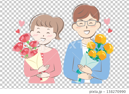 母の日と父の日に花束をもらった男性と女性のイラスト 138270990