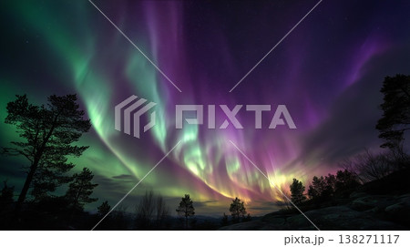 オーロラボレアリス 緑紫の極光が輝く幻想的な夜空背景 138271117