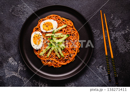 Korean traditional food, cucumber and boiled egg cold spicy noodles. 138271411