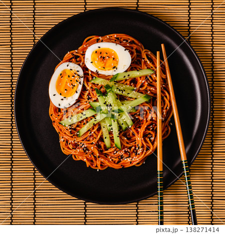 Korean traditional food, cucumber and boiled egg cold spicy noodles. Korean traditional food, cucumber and boiled egg cold spicy noodles. 138271414