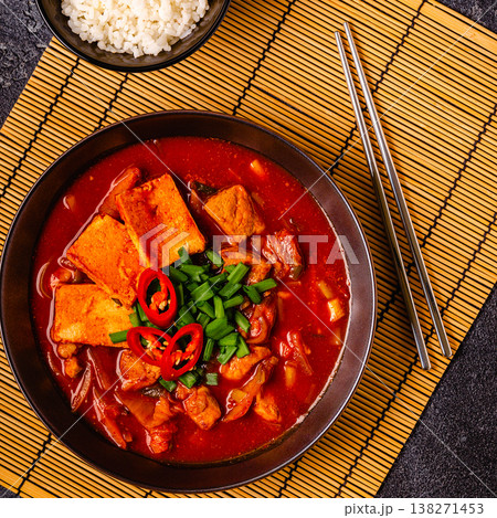Korean traditional food, spicy kimchi soup (kimchi tige) with pork and tofu cheese. 138271453