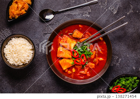 Korean traditional food, spicy kimchi soup (kimchi tige) with pork and tofu cheese. 138271454