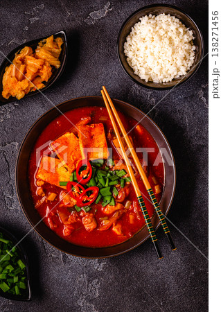 Korean traditional food, spicy kimchi soup (kimchi tige) with pork and tofu cheese. 138271456