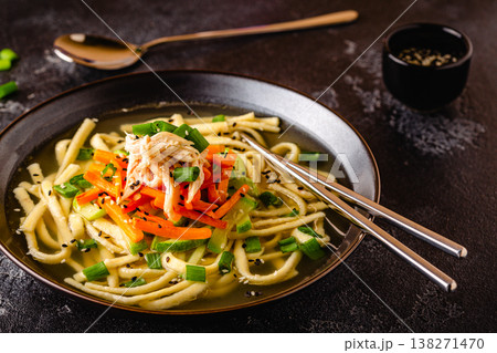 Traditional Korean chicken soup with homemade noodles Traditional Korean chicken soup with homemade noodles 138271470